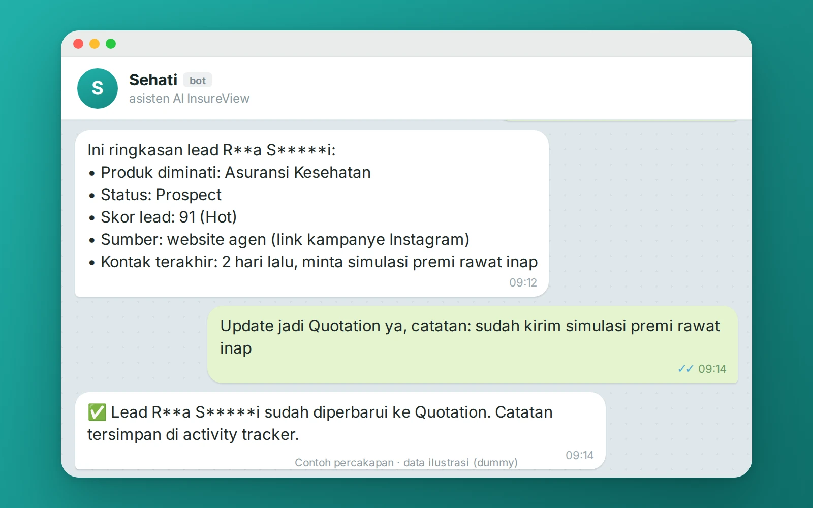 Asisten AI Sehati di Telegram: cek dan update lead (data ilustrasi)