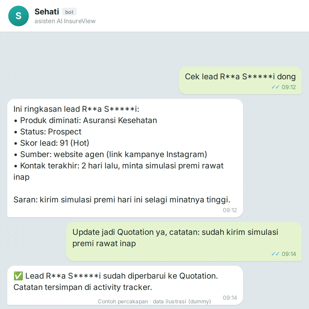 Chat Telegram: cek dan update lead (data ilustrasi)