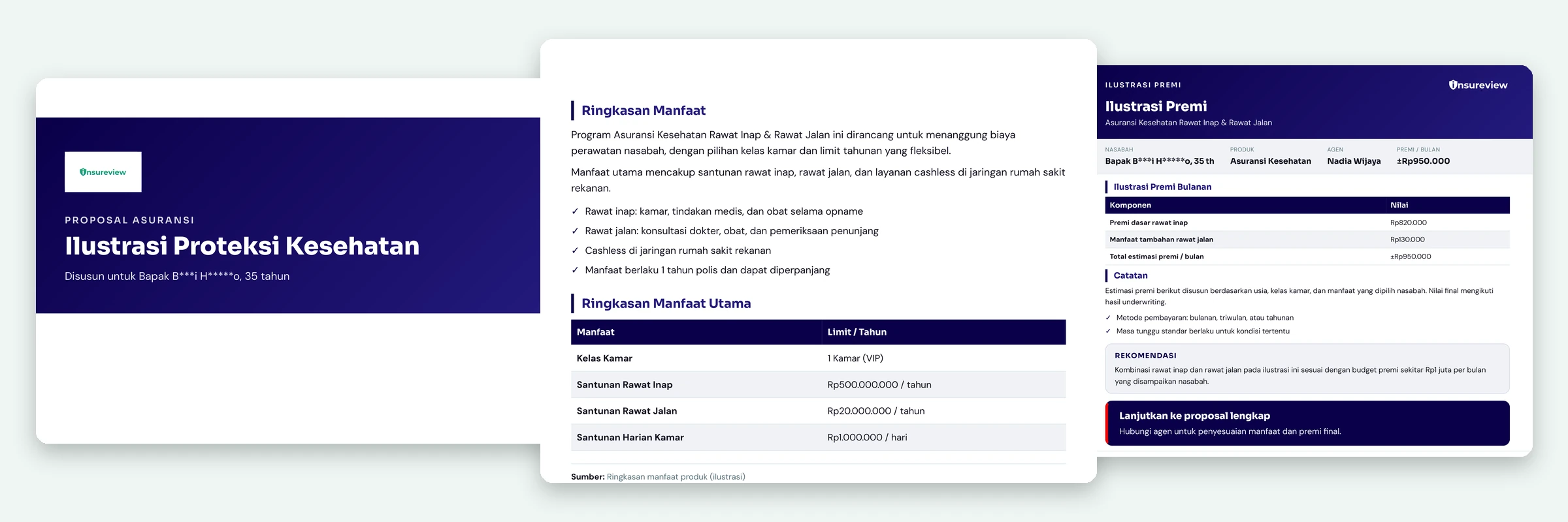 Contoh halaman proposal PDF: sampul, ringkasan manfaat, ilustrasi premi (data ilustrasi)