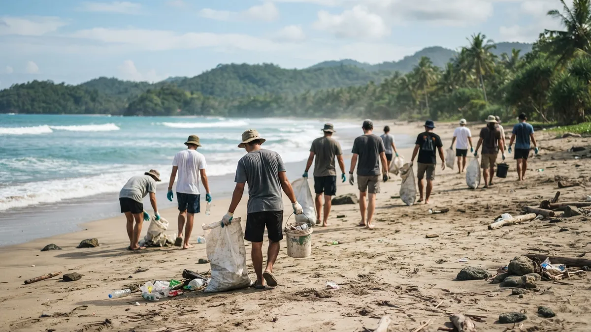 Ilustrasi AI: Sekelompok sukarelawan membersihkan sampah plastik di sepanjang pantai berpasir.