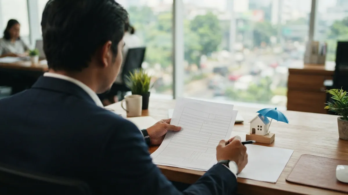 Ilustrasi AI: Seseorang duduk di meja kantor dengan miniatur payung dan rumah.
