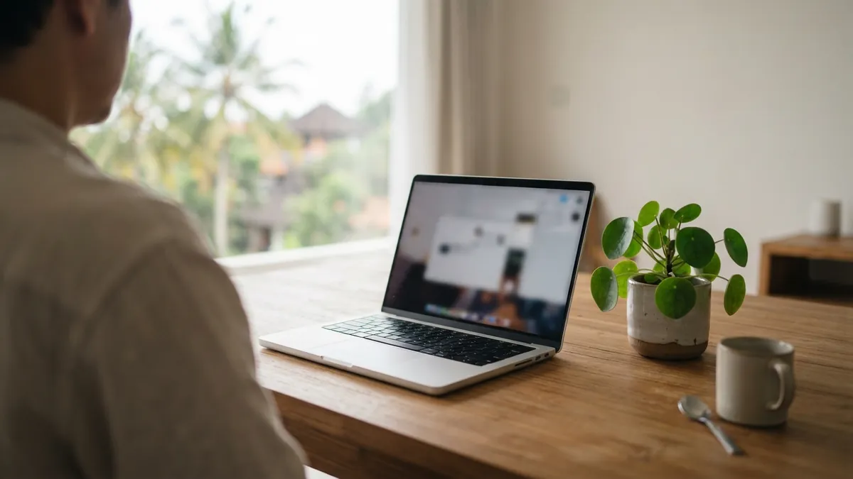 Ilustrasi AI: Laptop modern terbuka di atas meja kayu di ruangan yang terang.