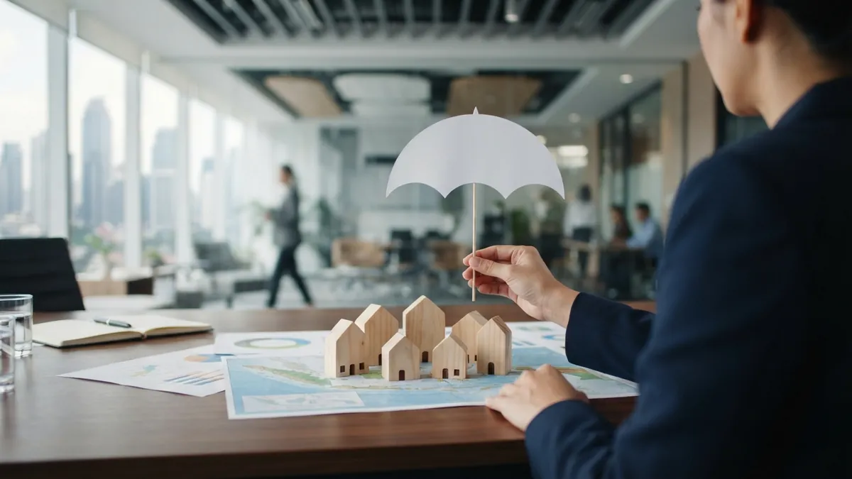 Ilustrasi AI: Model miniatur rumah dan simbol perlindungan di atas meja kantor modern.