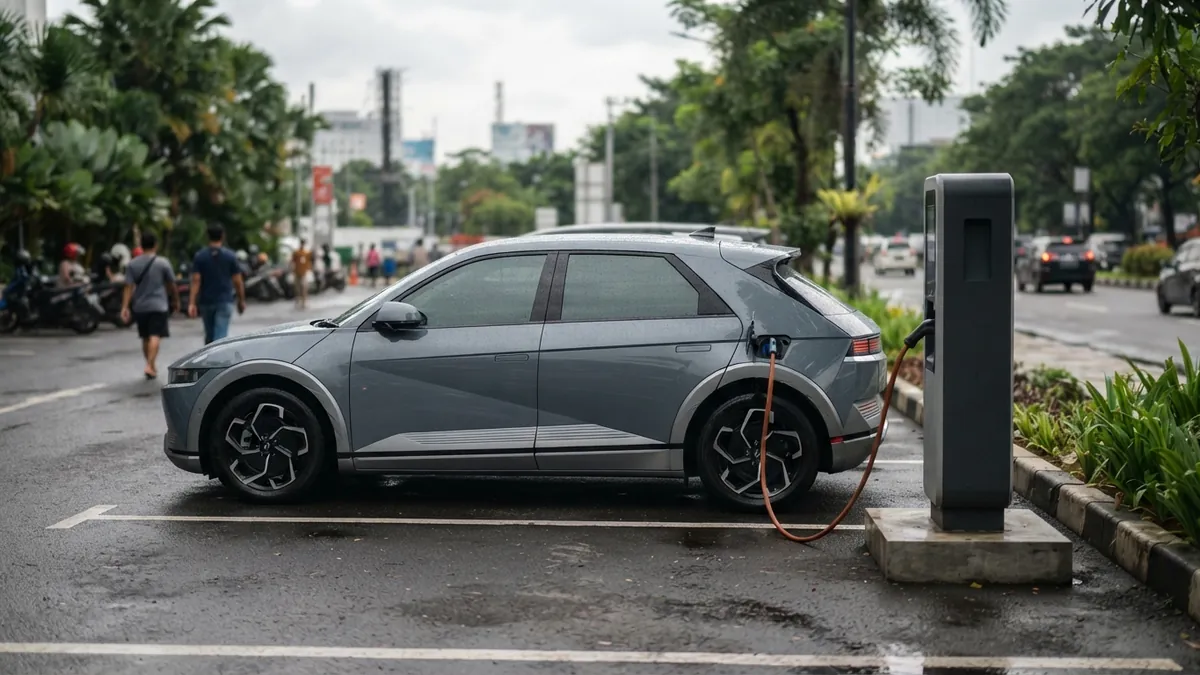 Ilustrasi AI: Mobil listrik sedang mengisi daya di stasiun pengisian kendaraan listrik.