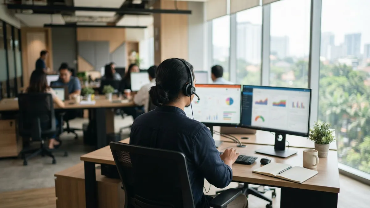Ilustrasi AI: Petugas layanan pelanggan dengan headset bekerja di depan komputer kantor modern.