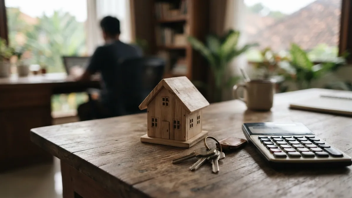 Ilustrasi AI: Miniatur rumah kayu dan kunci di atas meja kerja.