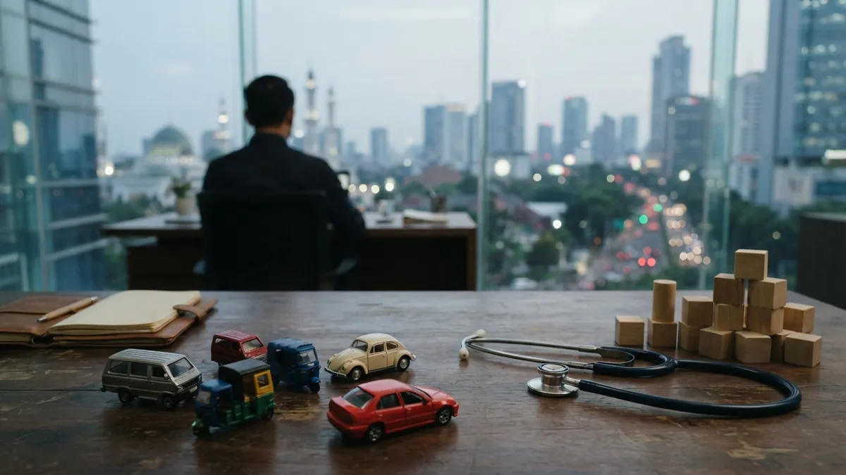 Ilustrasi AI: Ilustrasi miniatur mobil, stetoskop, dan balok kayu di atas meja kantor.