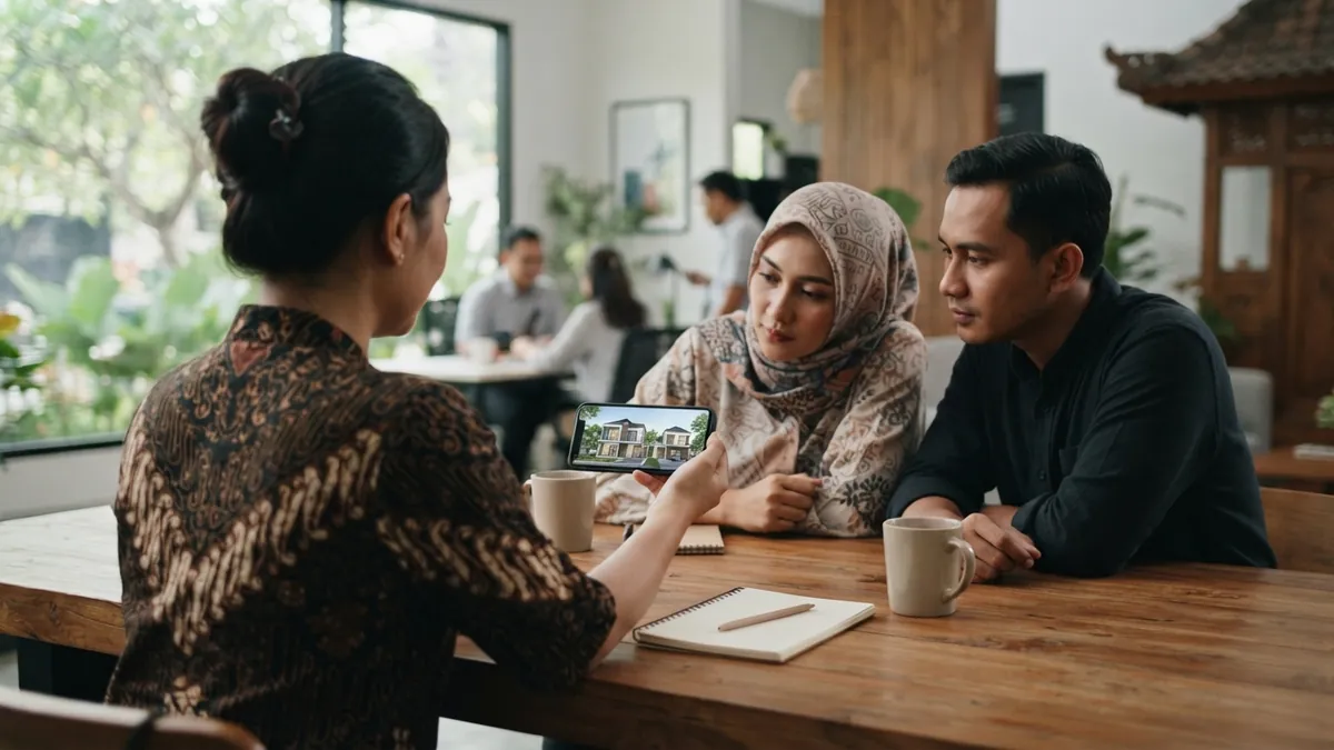 Ilustrasi AI: Agen properti memperlihatkan model rumah modern kepada klien di kantor.