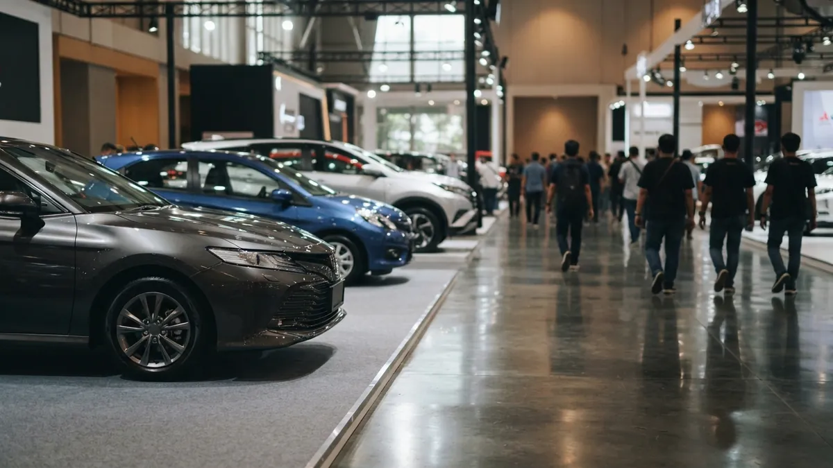 Ilustrasi AI: Suasana pameran otomotif modern dengan deretan mobil baru di dalam ruangan.