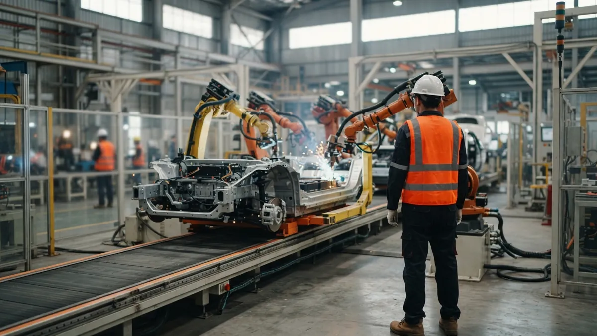 Ilustrasi AI: Lini perakitan mobil listrik modern di pabrik manufaktur otomotif.