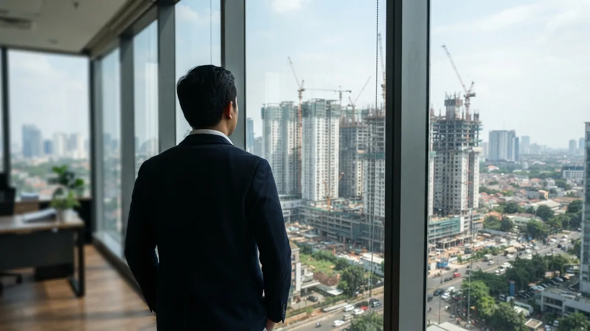 Ilustrasi AI: Seseorang melihat gedung apartemen yang sedang dibangun dari balik jendela kaca.