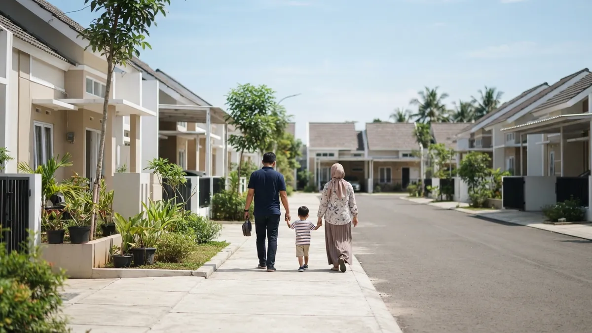 Ilustrasi AI: Deretan rumah modern terjangkau dengan keluarga berjalan tampak dari belakang.