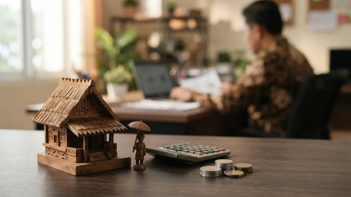 Ilustrasi AI: Miniatur rumah dan payung di atas meja kerja kantor finansial.