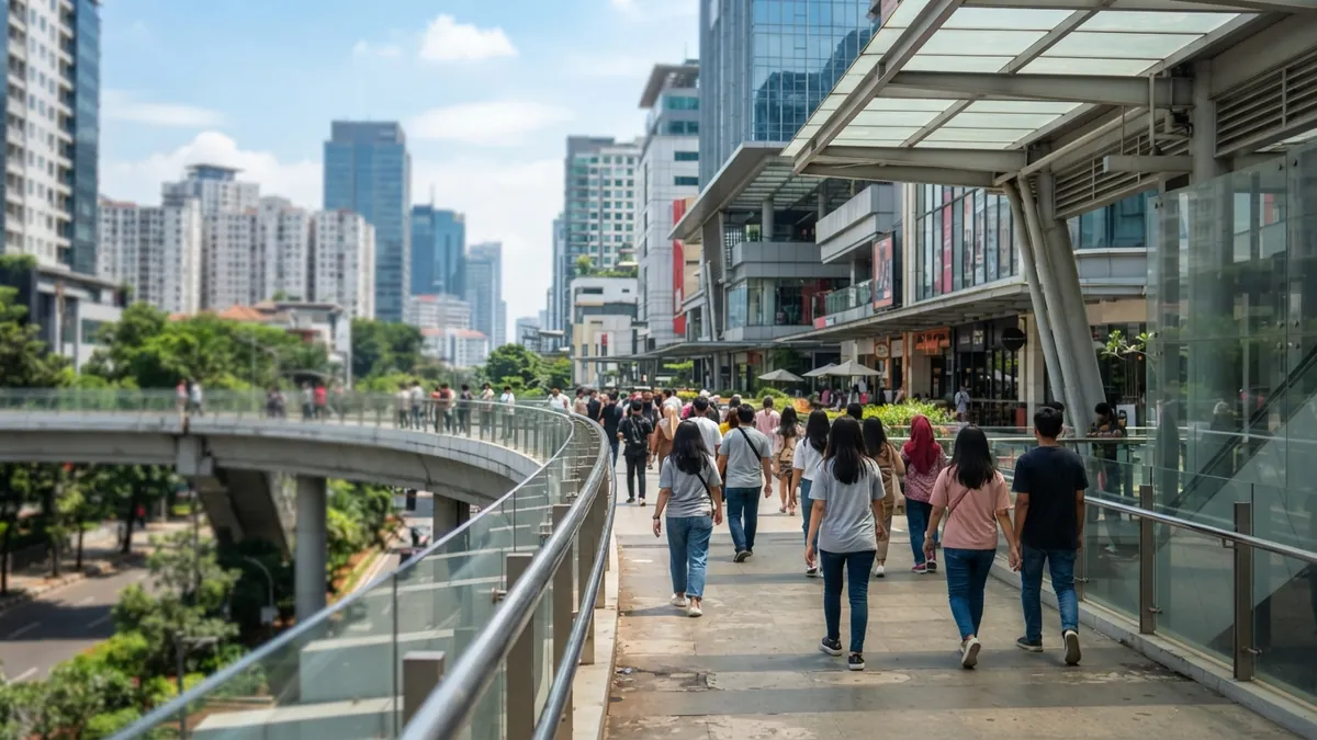 Ilustrasi AI: Pejalan kaki berjalan di kawasan modern terintegrasi stasiun dan pertokoan kota.