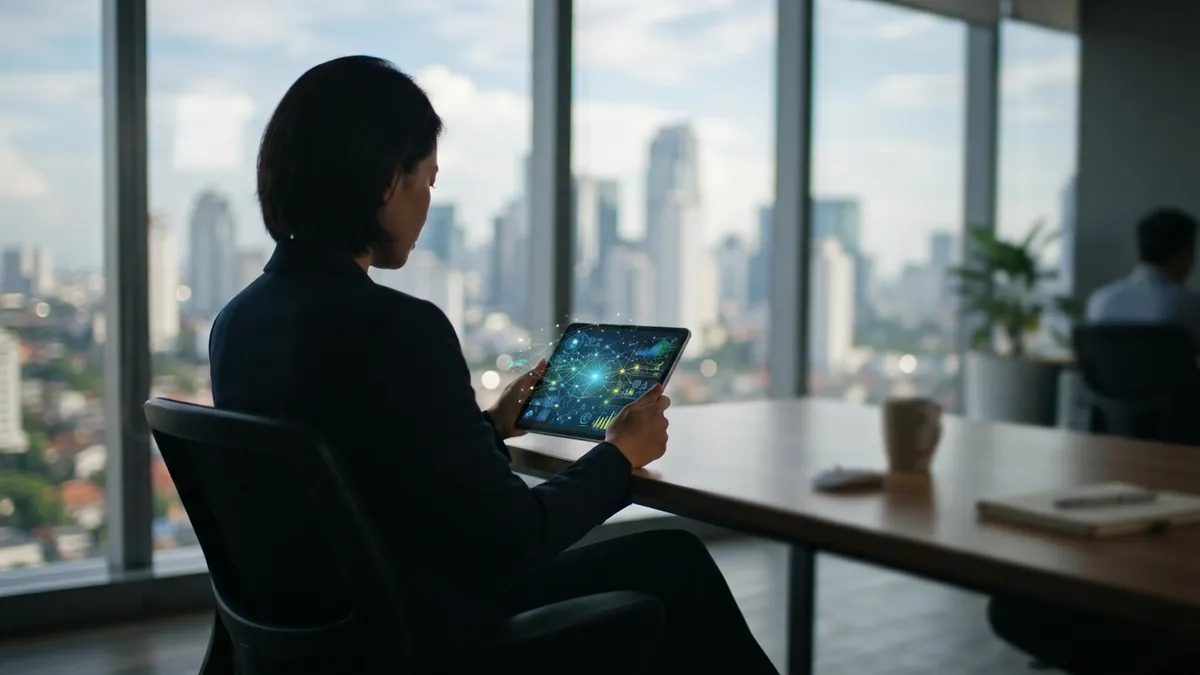 Ilustrasi AI: Seorang profesional bisnis bekerja di kantor modern menghadap pemandangan kota.