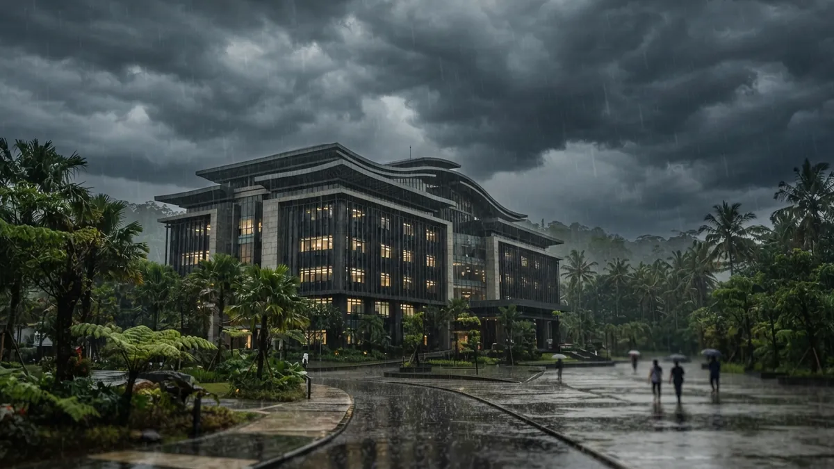 Ilustrasi AI: Gedung perkantoran pemerintah di bawah langit mendung gelap berawan tebal.