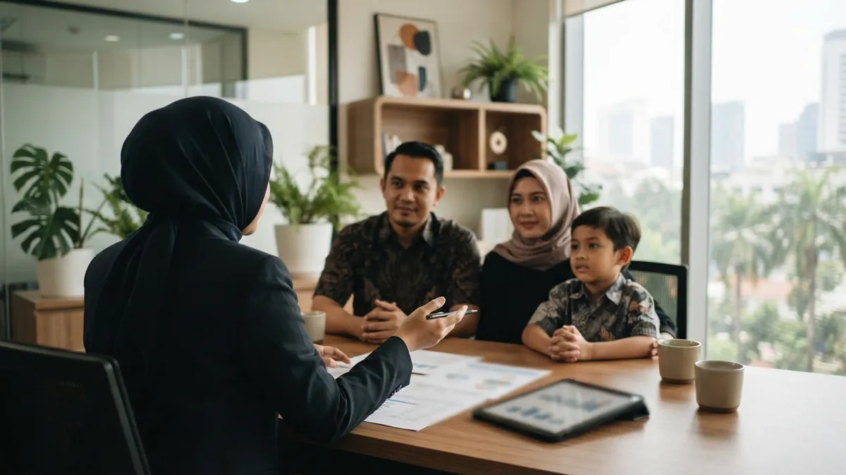 Ilustrasi AI: Konsultan keuangan berdiskusi dengan nasabah di kantor modern bernuansa hangat.