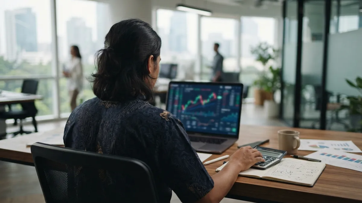Ilustrasi AI: Seorang profesional bekerja dengan kalkulator dan grafik finansial di meja kantor.