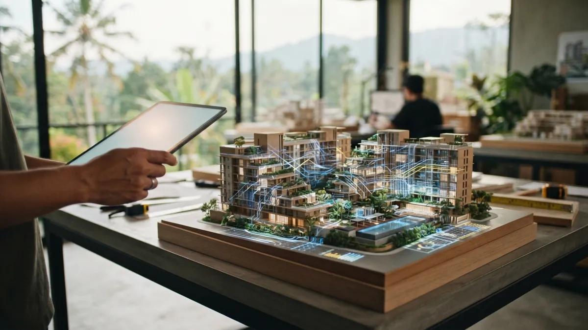 Ilustrasi AI: Maket gedung apartemen modern dengan pantulan cahaya digital di atas meja.