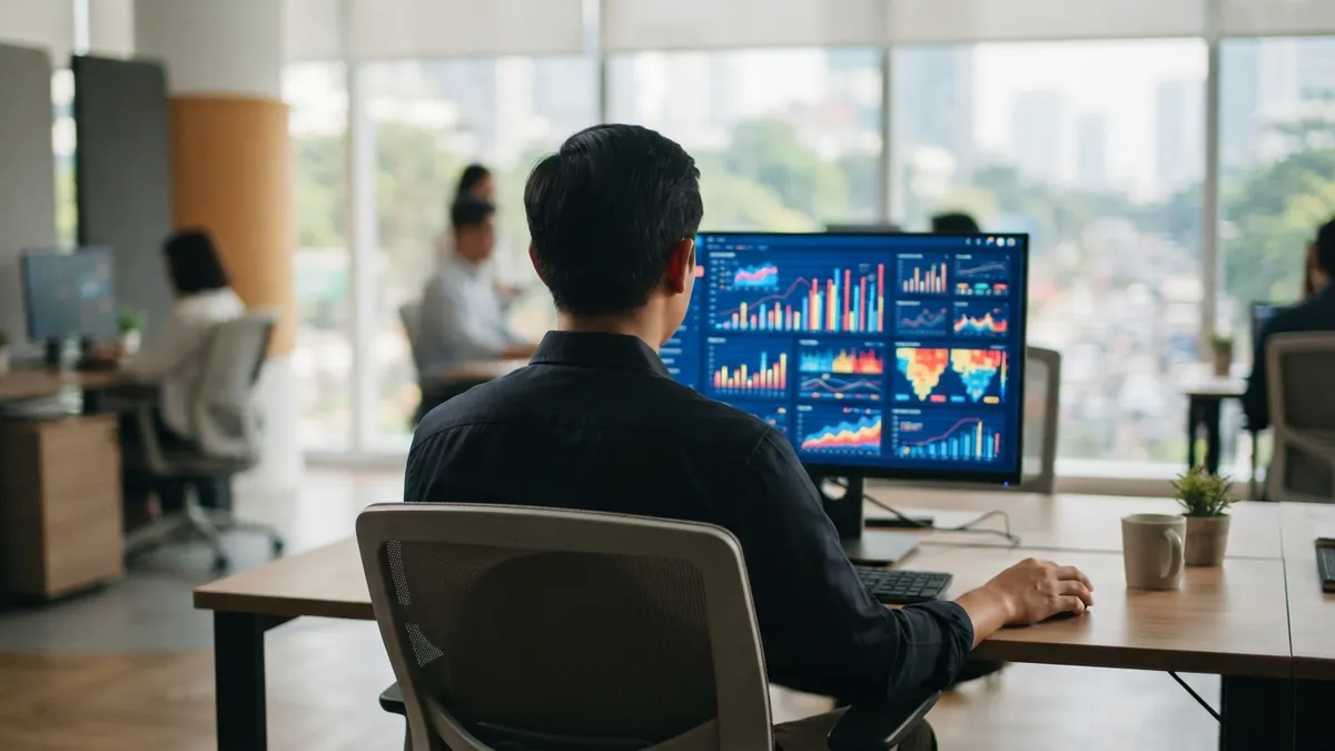 Ilustrasi AI: Seseorang di meja kerja menganalisis grafik data digital pada layar komputer.