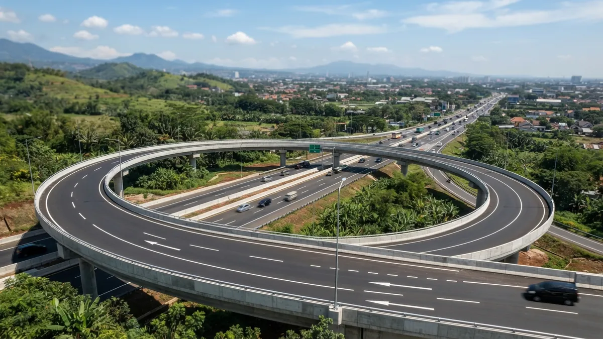 Ilustrasi AI: Pemandangan jalur akses jalan tol baru dengan marka jalan dan pembatas beton.