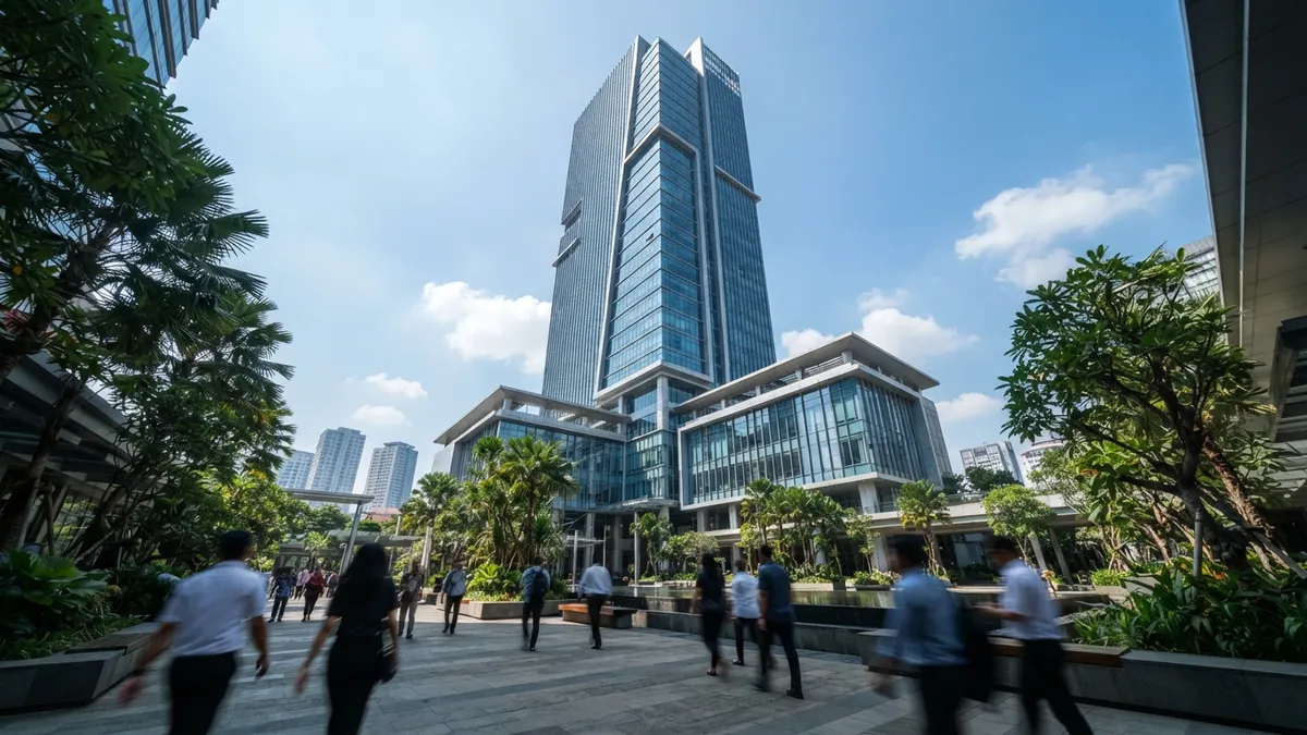 Ilustrasi AI: Gedung perkantoran komersial modern dengan siluet pejalan kaki di halaman depan.