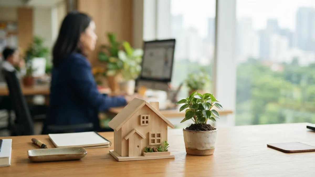 Ilustrasi AI: Miniatur rumah dan tanaman di meja kerja dengan latar belakang pebisnis.