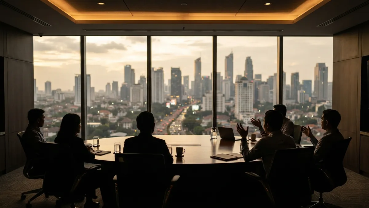 Ilustrasi AI: Suasana ruang rapat direksi perusahaan dengan latar belakang pemandangan kota modern.