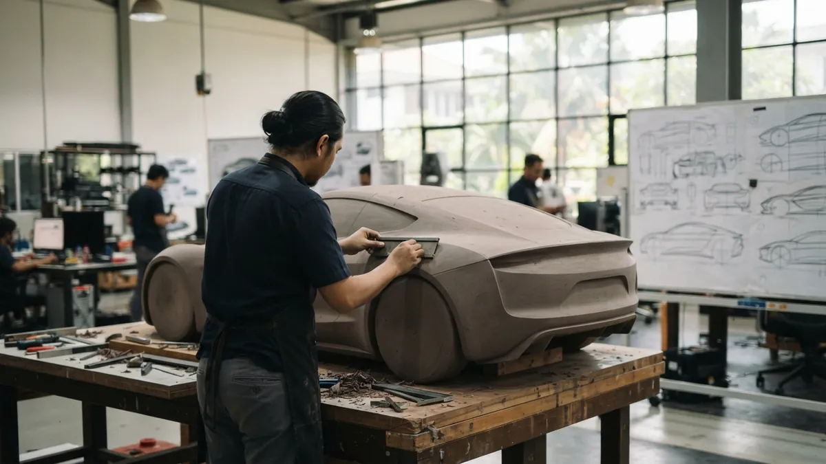 Ilustrasi AI: Insinyur mengamati model prototipe mobil di studio desain otomotif modern.