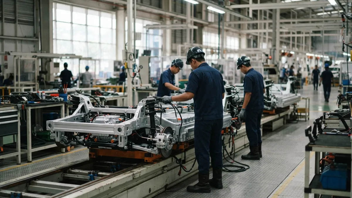 Ilustrasi AI: Lini perakitan sasis mobil di dalam pabrik manufaktur otomotif.