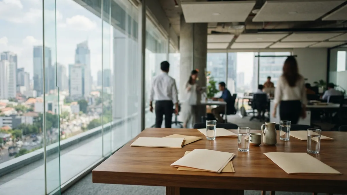 Ilustrasi AI: Interior kantor modern dengan siluet para profesional bisnis dan pemandangan kota.