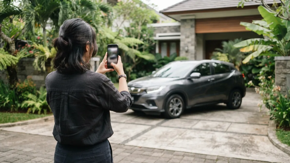 Ilustrasi AI: Seseorang memegang ponsel pintar di depan sebuah mobil modern yang terparkir.