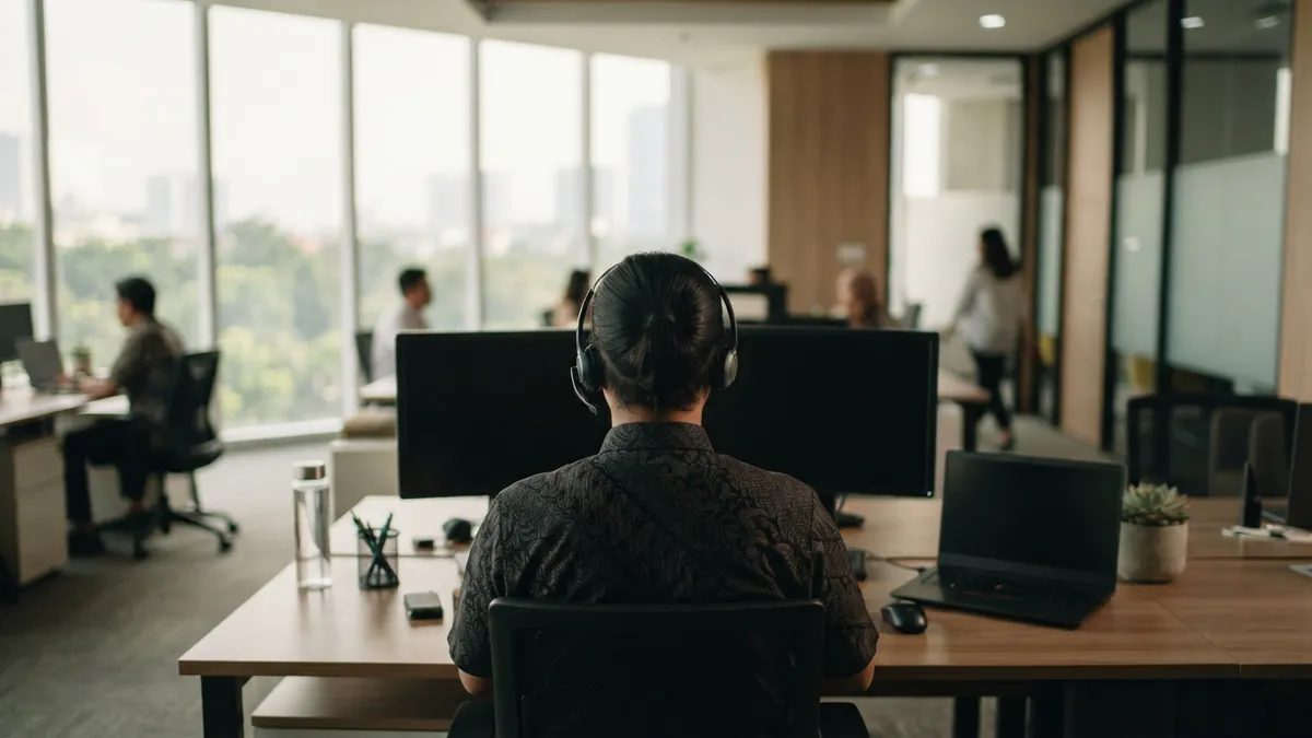 Ilustrasi AI: Petugas layanan pelanggan dengan headset bekerja di kantor modern menghadap monitor.